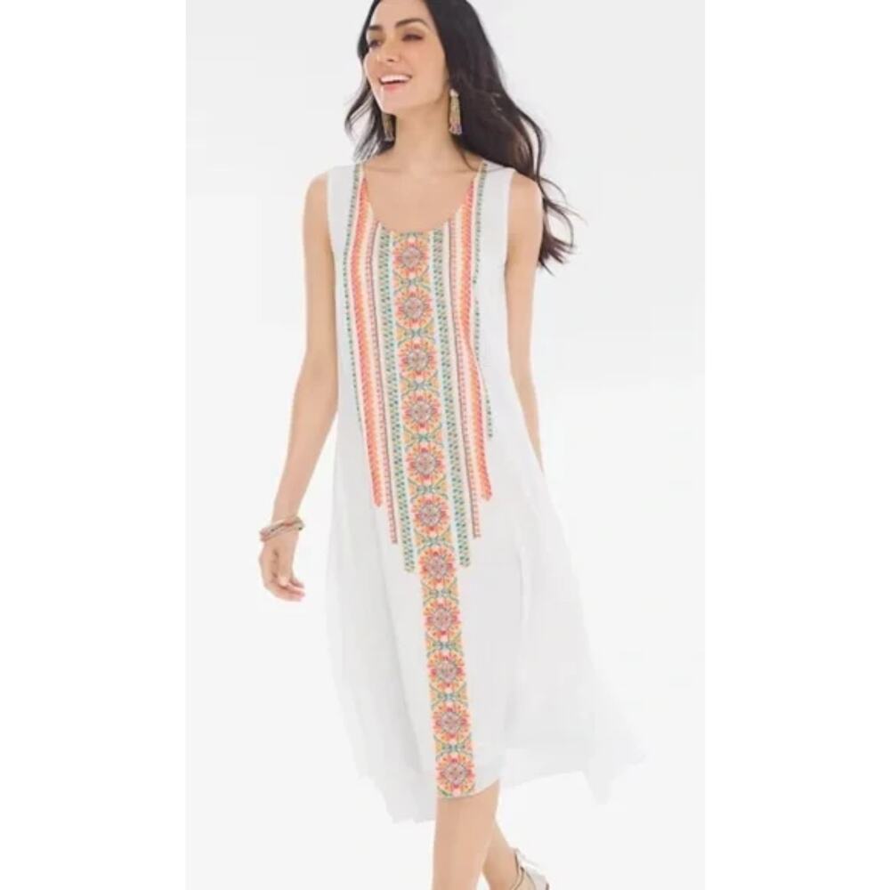 Chico's White Floral Ebroidered Gauze Sleeveles Rayon Midi Dress Size 14 Beach